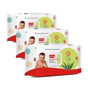 LuvLap Paraben Free wipes for baby skin with Aloe Vera Fragrance Free pH Balanced Dermatologically Safe Baby Wipes Rich in Vitamin E & chamomile extract 72 Wipes / Pack With Lid Pack 3 packs