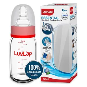 LuvLap Essential Slim Neck Glass Feeding Bottle 125ml 0m+/Babies Upto 3 Years Made of Borosilicate Glass BPA Free Ergonomic Shape is Easy to Hold with Anti Colic Nipple White & Red Pack of 1