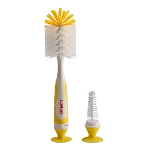 LuvLap 2 - in -1 Bristle Baby Feeding Bottle Cleaning Brush & Nipple Cleaner Grooved Handle with Suction Base Easy to Clean Bottle Corners for Narrow Neck & Wide Neck Feeding Bottles Yellow