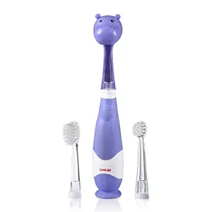 LuvLap Hippo Joy Baby Sonic Toothbrush Includes 2 Sensitive Brush Heads Hippo shaped bristle protector Purple