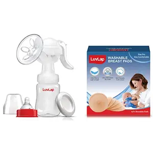 LuvLap Manual Breast Pump 3 Level Suction Adjustment Soft & Gentle BPA Free & LuvLap Washable Breast Pads Pack of 6