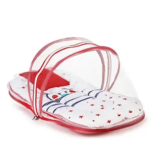 LuvLap Baby Bed with Thick Mattress Mosquito Net with Zip Closure & Neck Pillow Baby Bedding for New Born 3M+ Stars Print Baby Sleeping Bed of 78x45x40cm Size (White & Red)