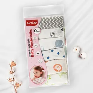 LuvLap Muslin Cotton Cloth Premium Baby Washcloth for New Born Washable Reusable Absorbent Extra Soft Face Towels/Washcloth for Babies Stars Balloons Print Pack of 6 Pcs Multicolour