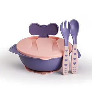 LuvLap Baby Feeding Bowl with Lid Suction Cup Spoon & Fork Set for Feeding & Weaning Baby Tableware Set Soft First Stage Feeding Baby Bowl with Divider Plate & Spoon Set for Baby & Kids (Pink)