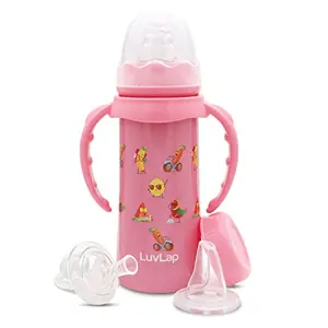 LuvLap 4 in 1 Slim Neck Steel Baby Bottle Cum Sipper with Handle Made ofÂ SS304 Rust Free Steel BPA Free Odour Free Anti Colic Nipple Spout Weighted Straw & Cap Pink 3M+ 240 ml