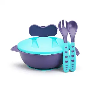 LuvLap Baby Feeding Bowl with Lid Suction Cup Spoon & Fork Set for Feeding & Weaning Baby Tableware Set Soft First Stage Feeding Baby Bowl with Divider Plate & Spoon Set for Baby & Kids (Blue)