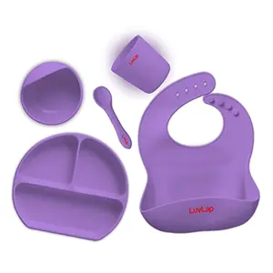 LuvLap 5-in-1 Silicone Baby Cutlery Set Baby Feeding & weansing Essentials - Divider Plate with Suction Base Tumbler Bib with Crumb Catcher Food Bowl with Suction Base Silicone Spoon (Purple)