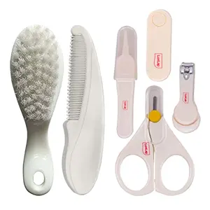 LuvLap Baby 4pcs Nail Grooming Set and Elegant Baby Comb & Brush Set with Soft bristles Grooming Set 0M+White