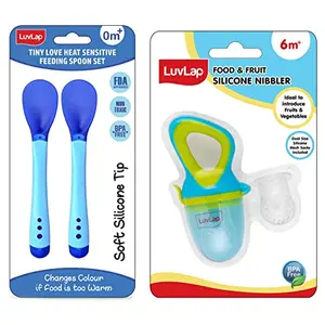 LuvLap Silicone Food/Fruit Nibbler with Extra Mesh Soft Pacifier/Feeder Teether for Infant Baby Infant Elegant Blue BPA Free & LuvLap Tiny Love Heat Sensitive Baby Feeding Spoons Set 2 pcs Blue
