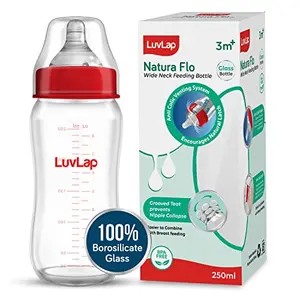 LuvLap Natura Flo Wide Neck Glass Feeding Bottle New Born/Infants/Toddler Upto 3 Years BPA Free Ergonomic Shape is Easy to Hold with Anti Colic Nipple 250ml