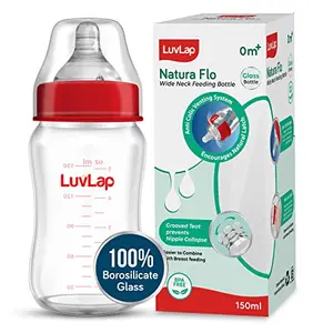 LuvLap Natura Flo Wide Neck Glass Feeding Bottle New Born/Infants/Toddler Upto 3 Years BPA Free Ergonomic Shape is Easy to Hold with Anti Colic Nipple 150ml