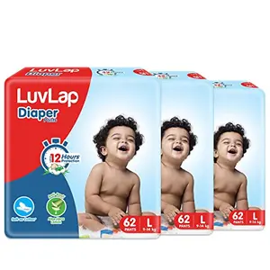 Luv Lap Diaper Pants Large (LG) 9 to 14Kg Super Jumbo Pack (62 Count x 3 = 186 Count) Baby Diaper Pants with Aloe Vera Lotion for rash protection with upto 12 Hour protection - L