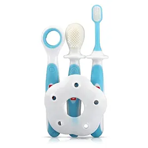 Luv Lap Baby Training Manual Toothbrush Set for Kids with Anti Choking Shield Teeth Tongue Cleaner Baby Oral Hygiene 3 pcs (White/Blue)