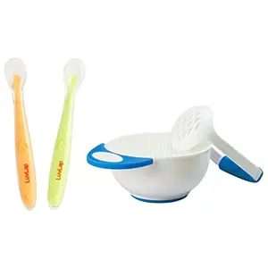LuvLap Baby Feeding Spoon Set of 2 with Ultra Supple 100% Silicone Tip BPA Free with Food Grade Silicone tip for Kids 4 Months+ (Green & Pink) & Baby Food Grinding Cum Feeding Bowl (White & Blue)