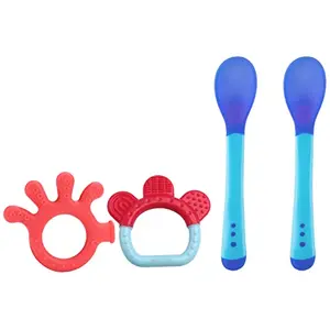 LuvLap Baby Silicone Teether for Teething Gums Dual Pack Finger & Ring Design with Textured surfac & Tiny Love Heat Sensitive Baby Feeding Spoons Set 2 pcs Blue