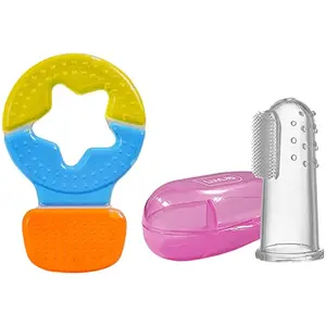 LuvLap Baby Water Filled Silicone Teether for Teething Gums (Multicolor) & Baby Silicone Finger Toothbrush with case