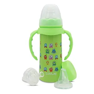 LuvLap 4 in 1 Slim Neck Steel Baby Bottle Cum Sipper with Handle Made ofÂ SS304 Rust Free Steel BPA Free Odour Free Anti Colic Nipple Spout Weighted Straw & Cap Green 3M+ 240 ml