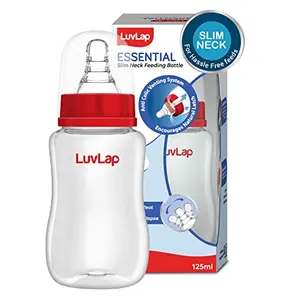 Luv Lap Anti-Colic Slim/Regular Neck Essential Baby Feeding Bottle 125ml New Born/Infants/Toddler upupto 3 Years BPA Free Pack of 1 Whie and Red