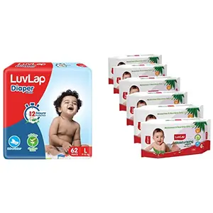 LuvLap Baby Diaper Pants L Size with Aloe Vera Lotion for rash protection Pack of 62 Count with upto 12Hr protection For babies of 9 to 14Kg & Paraben Free wipes for baby skin with Aloe Vera
