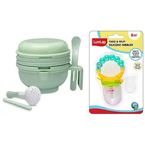 LuvLap 9 in 1 Baby Food Masher Mill Food Grinder Cum Processor with Multifunction Textured Mashing & Filtering Plates with Serving Bowl (Light Green) & LuvLap Pearly Food & Fruit Nibbler