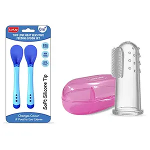 LuvLap Tiny Love Heat Sensitive Baby Feeding Spoons Set Food Grade PP Kids & Baby Spoon with Soft Silicone Tip Color Changing BPA Free FDA Apporved 2 pcs Blue & Baby Silicone Finger Toothbrush