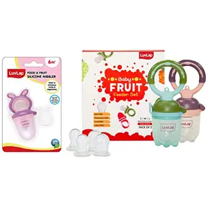 LuvLap Baby Food and Fruit Feeder Twin Pack with Three Feeder Sack Sizes BPA Free Green & Pink & LuvLap Bunny Food & Fruit Nibbler
