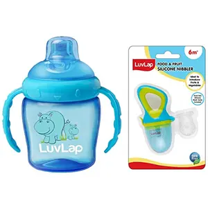 Luvlap Hippo Sipper Blue & LuvLap Silicone Food/Fruit Nibbler with Extra Mesh Soft Pacifier/Feeder Teether for Infant Baby Infant Elegant Blue BPA Free