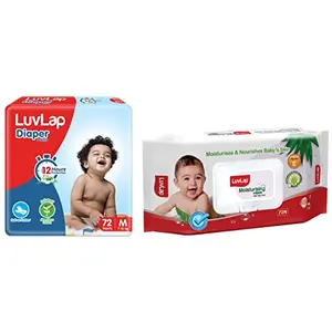 LuvLap Baby Diaper Pants M Size (Medium) & LuvLap Paraben Free wipes for baby skin with Aloe Vera pH Balanced Baby Wipes Rich in Vitamin E & chamomile extract 72 Wipes With Lid Pack