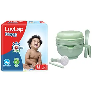 LuvLap Baby Diaper Pants L Size (Large) Pack of 62 Count with upto 12Hr protection For babies of 9 to 14Kg & LuvLap 9 in 1 Baby Food Masher Mill (Light Green)