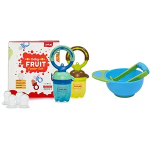 LuvLap Baby Food and Fruit Feeder Twin Pack with Three Feeder Sack Sizes & Baby Food Grinding Cum Feeding Bowl