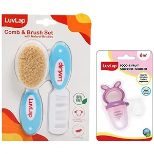 LuvLap Baby Comb with Rounded Tip & Baby Hair Brush with Natural Bristles for Baby Hair Grooming & Better Protection of Baby's Scalp (White & Blue) & LuvLap Bunny Food & Fruit Nibbler