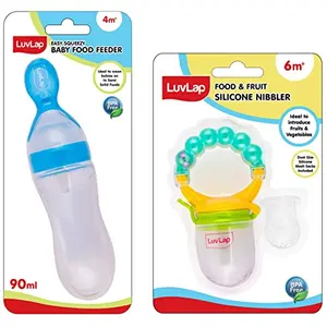 LuvLap Silicone Food/Fruit Nibbler with Extra Mesh Soft Pacifier/Feeder Teether for Infant Baby Infant Pearly Green BPA Free & LuvLap Feeding Spoon with Silicone Feeder Bottle 90ml BPA Free