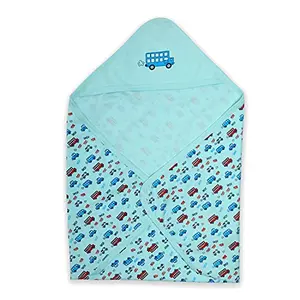 LuvLap Soft 100% Cotton Hooded Wrapper Cum Warm Blanket for New Born Baby to 3 Year Old 75cmx75cm Bus Print (Sky Blue)(Lightweight;Breathable;Skin Friendly)