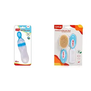 LuvLap Feeding Spoon with Squeezy Food Grade Silicone Feeder Bottle for Infant Baby 90mlBlue & Baby Comb with Rounded Tip & Baby Hair Brush (White & Blue)