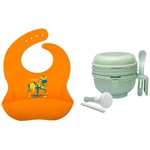 LuvLap 9 in 1 Baby Food Masher Mill (Light Green) & Silicone Baby Bib for Feeding & Weaning Babies & Toddlers (Orange)