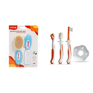 LuvLap Baby Comb with Rounded Tip & Baby Hair Brush with Natural Bristles & LuvLap Baby Training Toothbrush Set 3 pcs (White/Orange)