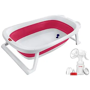 LuvLap Splash 2 in 1 Folding Baby Bath tub Cum Baby Bather (Pink) & Manual Breast Pump 3 Level Suction Adjustment