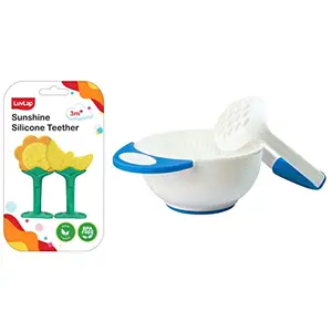 LuvLap Sunshine Silicone Teether Dual Design Pack (Yellow) 3m+ 2 pcs & LuvLap Baby Food Grinding Cum Feeding Bowl (White & Blue)