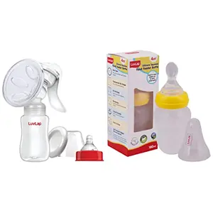LuvLap Adore Manual Breast Pump 2 Level Suction Adjustment Soft & Gentle with Silicone Massage Cushion & Feeding Spoon with Squeezy food Grade Silicone Feeder bottle For Infant Baby 180ml