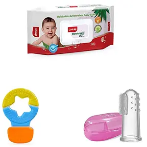 LuvLap Baby Water Filled Silicone Teether (Multicolor) & LuvLap Paraben Free Wipes 72 Wipes with Lid Pack & LuvLap Baby Silicone Finger Toothbrush with case for Easy Cleaning Massaging