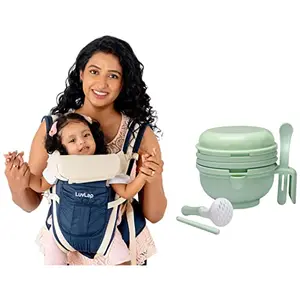 LuvLap Elegant Baby Carrier with 4 Carry Positions for 4 to 24 Months Baby Max Weight Up to 15 Kgs (Dark Blue) & LuvLap 9 in 1 Baby Food Masher Mill (Light Green)