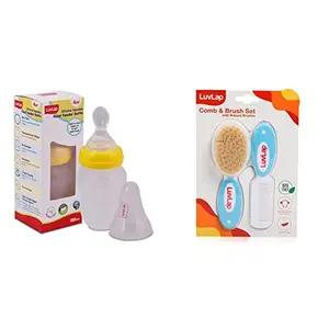 LuvLap Feeding Spoon with Squeezy Food Grade Silicone Feeder Bottle for Infant Baby 180ml & Baby Comb with Rounded Tip & Baby Hair Brush (White & Blue)