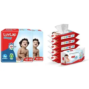 LuvLap Baby Diaper Pants New Born Size (NB) Pack of 120 Count (60x3) Extra Small (XS) & LuvLap Paraben Baby Wipes (72 Wipes/Pack Pack of 6)