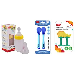 LuvLap Feeding Spoon with Squeezy Food Grade Silicone Feeder Bottle 180ml & Tiny Love Heat Sensitive Baby Feeding Spoons Set 2 pcs Blue & Sunshine Silicone Teether (Yellow) 3m+ 2 pcs