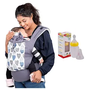 Luvlap Adore Baby Carrier with 3 Carry Positions for 6 to 24 Months Baby Max Weight Up to 18 Kgs (Grey) & Feeding Spoon with Squeezy Food Grade Silicone Feeder Bottle for Infant Baby 180ml
