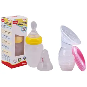 LuvLap Feeding Spoon with Squeezy Food Grade Silicone Feeder Bottle for Infant Baby 180ml BPA Free & Luvlap Silicone Food Grade Breast Milk Catcher/Saver(White 100ml)