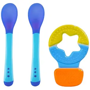 LuvLap Tiny Love Heat Sensitive Baby Feeding Spoons Set 2 pcs Blue & Baby Water Filled Silicone Teether for Teething Gums