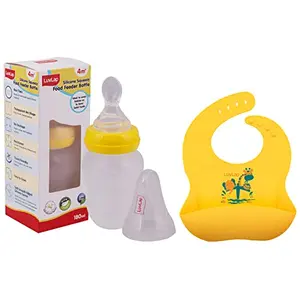 LuvLap Feeding Spoon with Squeezy Food Grade Silicone Feeder Bottle for Infant Baby 180ml & Silicone Baby Bib for Feeding & Weaning Babies & Toddlers (Yellow)