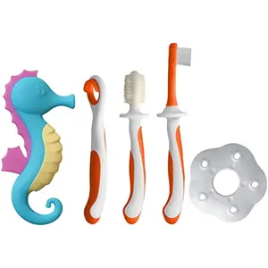 LuvLap Sea Horse Baby Teether Multicolor & Baby Training Toothbrush Set 3 pcs