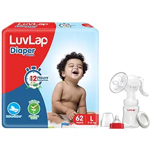 LuvLap Baby Diaper Pants L Size (Large) Pack of 62 Count with upto 12Hr protection For babies of 9 to 14Kg & LuvLap Manual Breast Pump 3 Level Suction Adjustment